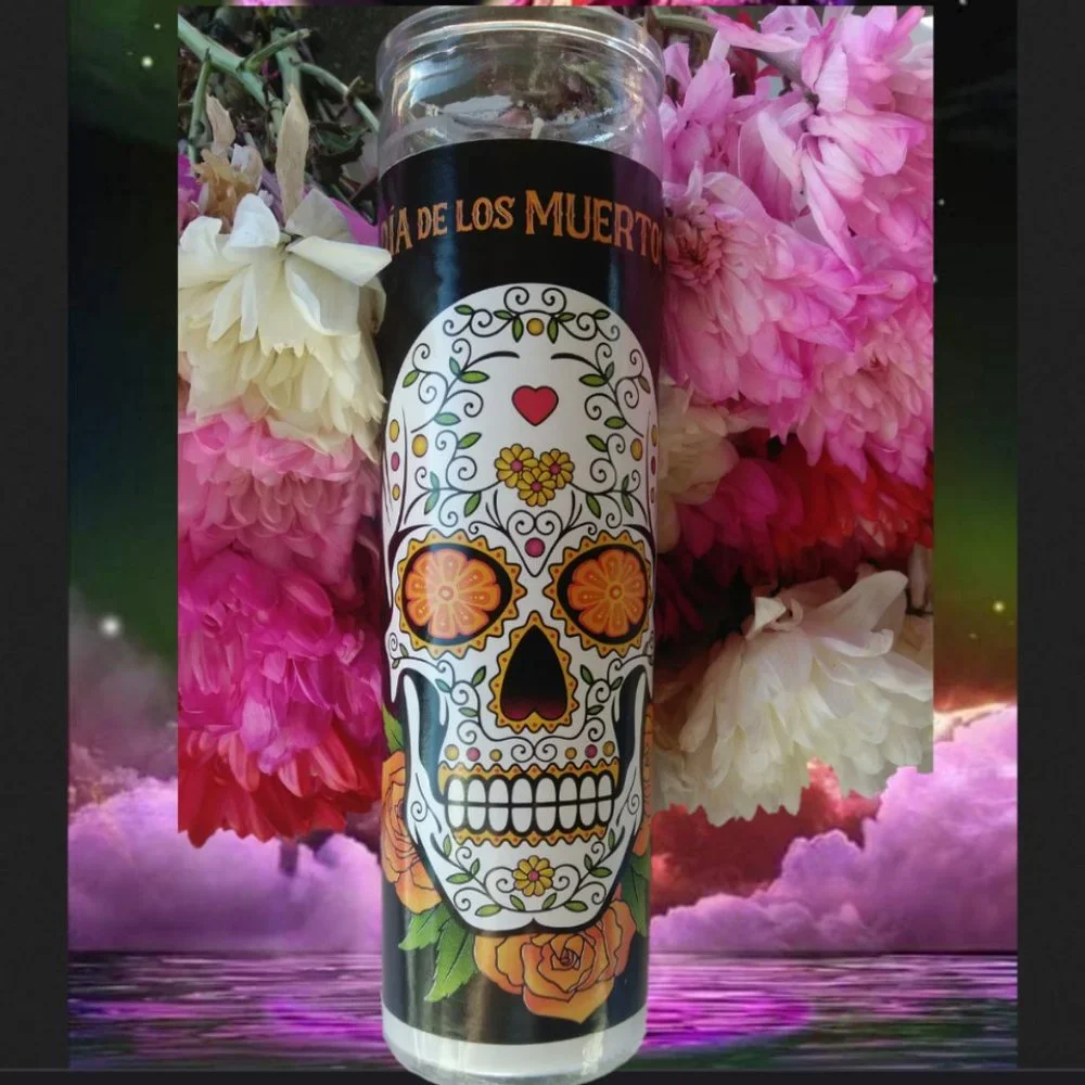 DAY OF THE DEAD NEW TALL GLASS VOTIVE CANDLE Halloween sugar skull - Picture 1 of 5